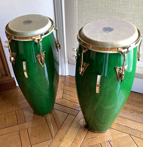 Green conga drums pair gold - green,